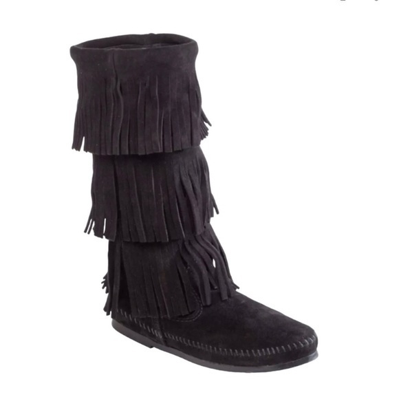 Minnetonka 3 Layer Fringe Moccasin Boot Womens Size 8 Suede Boho Western 1639 - Picture 10 of 11